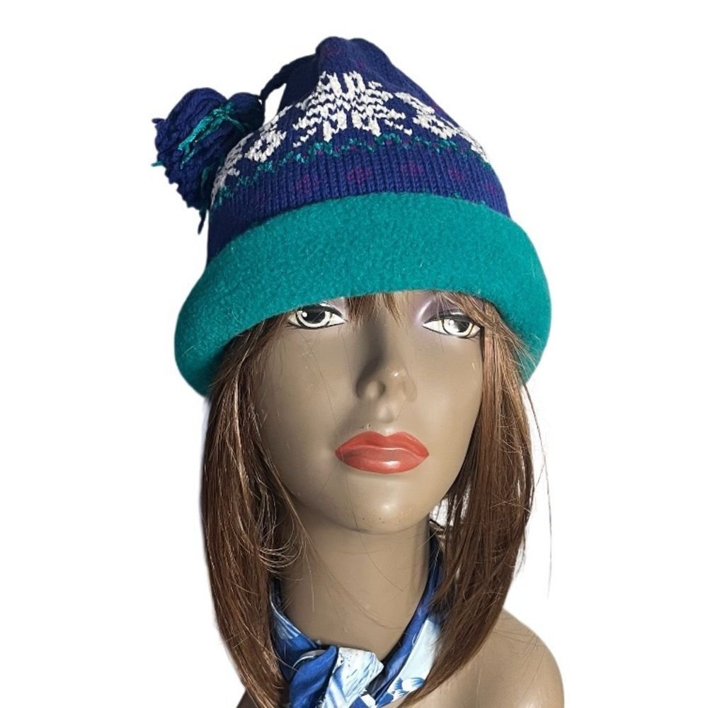 DARN FINE HATS Wool Acrylic Winter Hat Beanie Fair Isle Blue White Teal VINTAGE - Picture 1 of 7